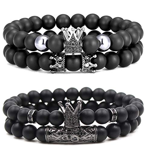 Jewdreamer 4PCS 8mm Crown King Charm Beads Bracelet for Men Women Natural Black Matte Onyx Stone Beads Bracelets Adjustable
