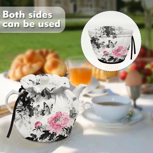 Image of Xoenoiee Butterfly Ink Wash Lotus Flower Pattern Tea Cozy Tea Pot Cover Insulation Tea Cosy Teapot Dust Cover Teapot Warmer for Home Kitchen Teapot Covers