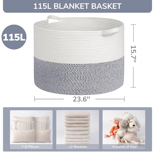 Image of INDRESSME 115L Extra Large Cotton Rope Basket, Blanket Basket for Home Decor Living Room Nursery, Toy Storage Baskets for Kids Boys Girls, White & Navy