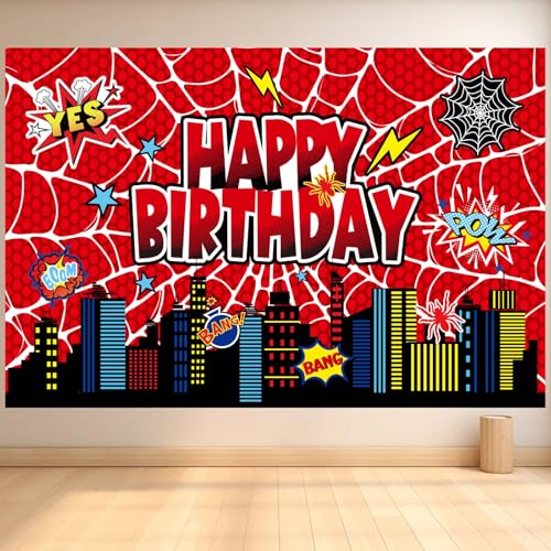 Pano de fundo de aniversário teia de aranha, 150 x 100 cm poliéster pré-perfurado temática de aranha bandeira feliz aniversário decorações festa e acessórios para fotos fundo meninos e meninas