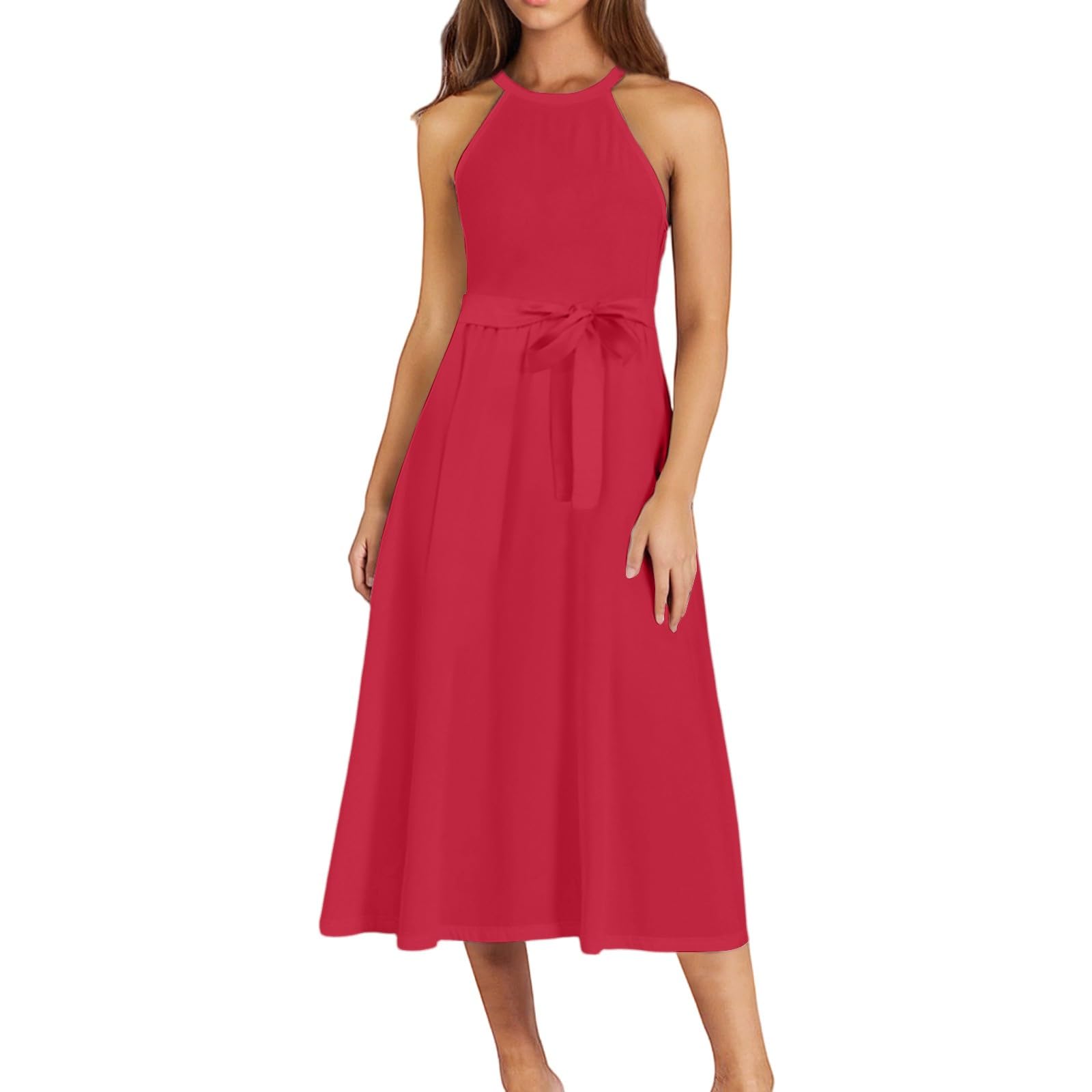 Robe Tunique Madame Respirant Été Une Ligne Robe Uni Loungewear Boheme Gilet Ceintur Robe Femme Polyester Fit Col Licou