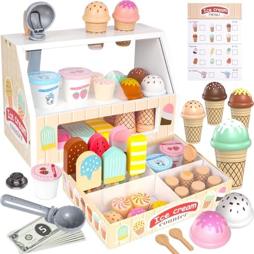 Eisdiele Kinder Holz, Kinderküche Zubehör, Holzspielzeug Spielküche Zubehör, Rollenspiele Holzspielzeug mit Spielgeld, Montessori Spielzeug ab 2 Jahre Jungen Mädchen, Geschenke für