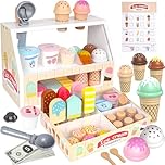 Wooden Ice Cream Set for Kids, 49 PCS Wooden Role Play Ice Cream Counter Shop Playset, Play Food Sets for Kids Kitchen, Pretend Play Toys, Imaginative Toys Gift for 3 4 5 Year Old Girls Boys
