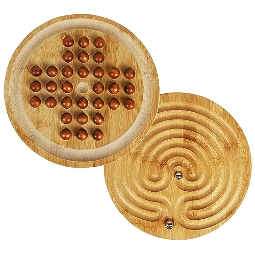 Toys of Wood Oxford Jogo de solitário e labirinto de madeira 2 em 1, jogo de tabuleiro clássico para um jogador, 25 cm, 9,8', berlindes, jogo de equilíbrio e estratégia 2 em 1, quebra-cabeças e