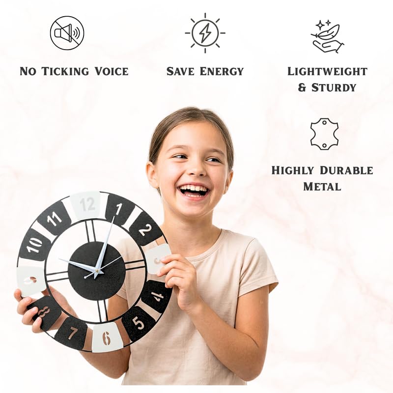 Image of Metal Analog Dual Tone Wall Clock for Living Room Bedroom, Office & Hall | 38 X 38 CM | Stylish Modern Home Decor Wall Clock | Battery Operated | Contemporary Round Design | Black & White