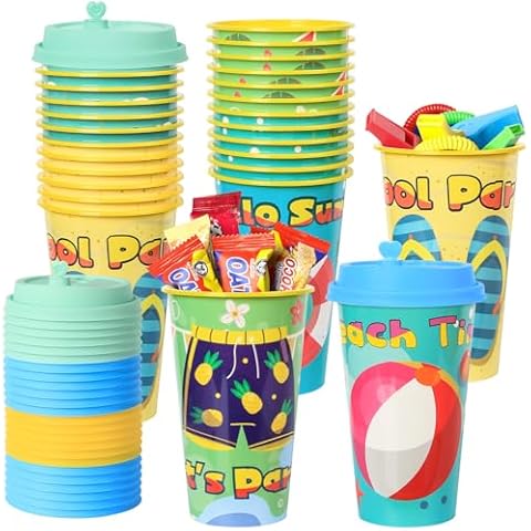 FZR Legend Beach Party Favors Goodie Cups, 24 Pack Birthday Party Cups in 4 Designs, 16OZ Reusable Beach Ball Pool Summer Plastic Party Supplies Decorations Cups with Lids Plugs for Kids Baby Shower Cover