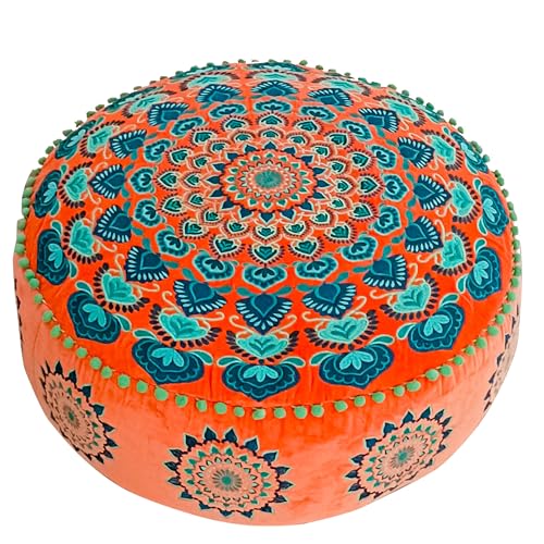 Orange rund puff ottomanskt överdrag med sammetsbroderi - Mjuk broderad golvkudde med marockansk design, 60 cm diameter, perfekt för vardagsrum,...