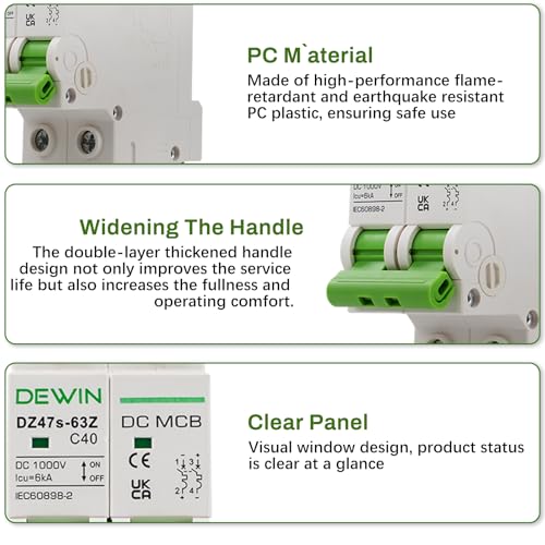 DEWIN Leitungsschutzschalter 2 polig, Sicherungsautomat DC Leistungsschalter Photovoltaik Schutzschalter für PV Anlage 40A DC 1000V