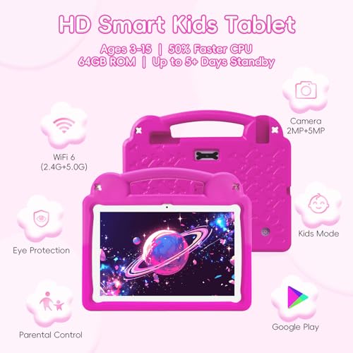 Image of Kids Tablet 10.1 Inch Android 14 Tablet for Kids, A523 Octa-Core, 8GB+64GB, 5000mAh Battery with Pink EVA Case, Wi-Fi 6 (2.4GHz & 5GHz), Parental Control, GMS