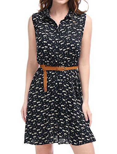 Allegra K Women's Printed Half Placket Above Knee Sleeveless Belted Dress Medium Dark Blue-Cat #TOP1