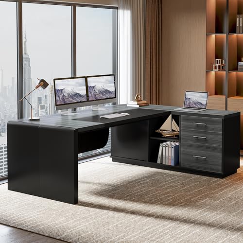 Image of Tribesigns 80'' L-Shaped Desk, Large Executive Office Desk with 55'' Drawers Cabinet, Modern Commercial Office Table with Storage Shelves, Business Furniture for Home Office, Grey & Black