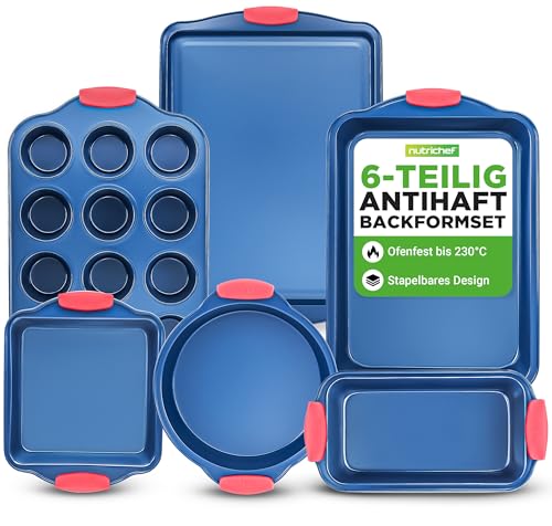 NutriChef 6-Teiliges Backformen Set Antihaft – Cake Baking Set PFOA, PFOS & PTFE-frei – Stapelbar & Platzsparend, Leicht zu Reinigen – mit Springform, Kuchenform Eckig, Backblech Groß & Muffin Blech