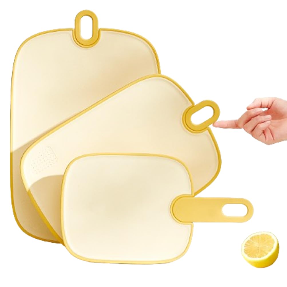 Kunststoff-Schneidebretter, 3er-Set, BPA-frei, beidseitig erhältlich, Schneidebrett-Set, mit Schleifbereich, bunt, flexibel, starke Kunststoff-Schneidebretter für Küche, spülmaschinenfest, Gelb