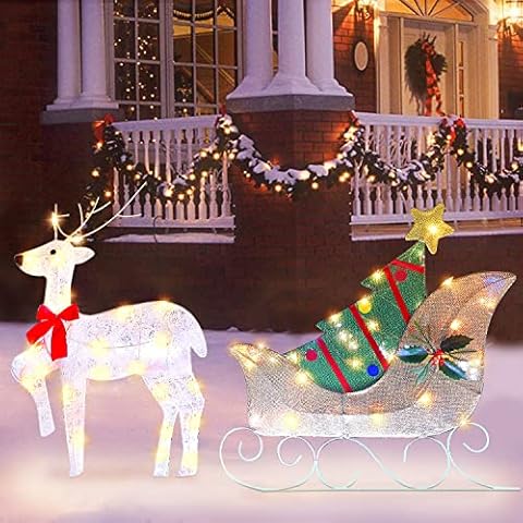 ATDAWN Lighted Christmas Reindeer Sleigh Outdoor Yard Decoration, 50 Lights Christmas Deer Outdoor Decoration, Outdoor Lighted Holiday Deer Christmas Yard Decoration Light Up Display Cover