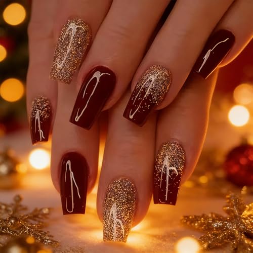 Red Press on Nails Square Fake Nails with Silver Powder Design,Fa...
