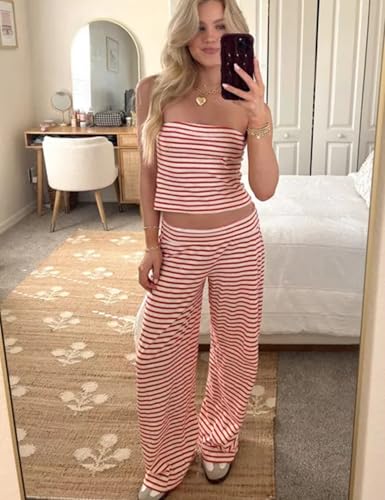 Image of Women's Striped Two Piece Sets Cropped Tube Top and Wide Leg Pants Lounge Matching set with Pockets