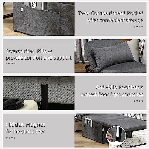 Homcom Folding Sofa Bed, 4-In-1 Multi-Function Sleeper Chair Bed Ottoman With Adjustable Backrest, Pillow, Side Pocket For Home Office, Bedroom, Living Room, Charcoal Gray #TOP6