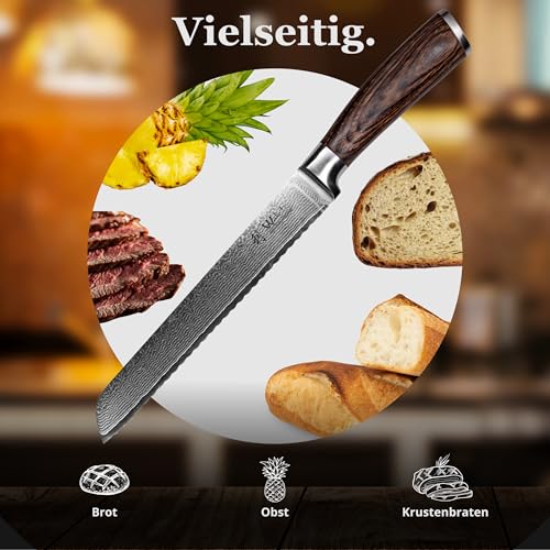 Foto von Wakoli EDIB Brotmesser Wellenschliff aus echtem Damaststahl (VG10 Kern) mit 20 cm Klinge – Scharf & ergonomisch – Damastmesser mit Pakkaholzgriff in Geschenkbox – Brotschneidemesser für krosse Krusten