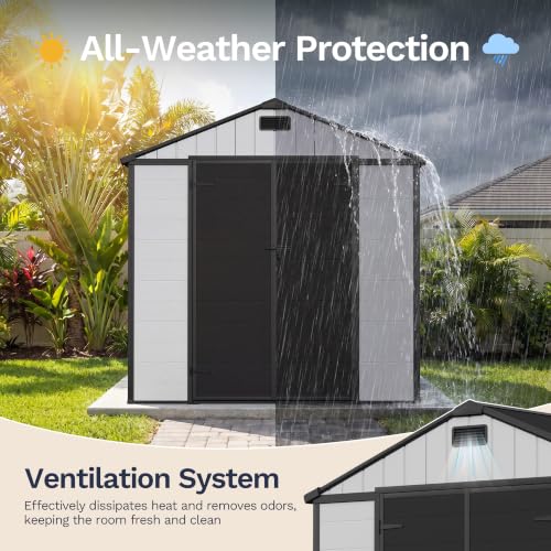 Image of Greesum 8x8FT Resin Shed with Floor, All-Weather Resistance, Light Gray | All-Weather Protection (Rain /Snow /UV) | Sloped Leak-Proof Roof | Heavy-Duty Reinforced Base | Lockable & Well-Ventilated