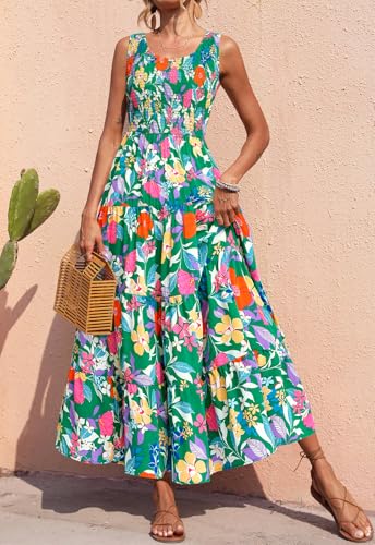 Image of PRETTYGARDEN Smocked Tank Floral Maxi Dresses for Women 2026 Wedding Guest Dress Sleeveless Flowy Long Sundress with Pockets