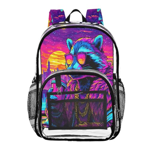 Raccoon Funny Cute Clear Backpack Heavy Duty See Through Transparent PVC BookBag for Kids Boy Girl School Work