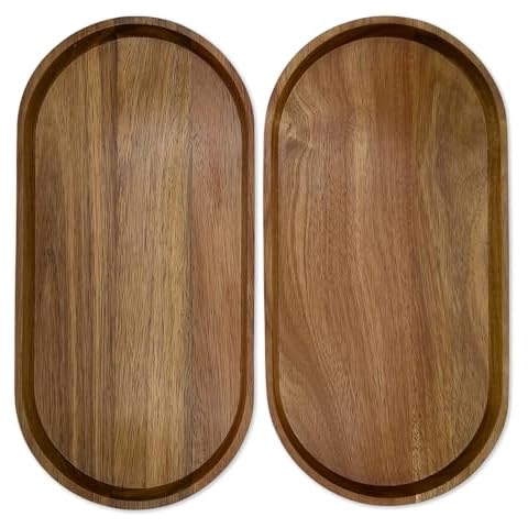 Acacia Wood Serving Tray with Raised Edge - Set of 2, Natural Wood Platter for Party, Charcuterie, Breakfast, Cheese & Snacks, Rustic Decorative Tray for Kitchen, Living Room, Coffee Table Cover