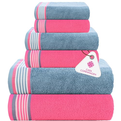 Casa Copenhagen, Germany Design - He & She Super Soft Collection 100% Cotton 6 Piece Towel Set, Includes 2 Bath Towels 2 Hand Towels 2 Washcloths - Dusty Blue & Pink