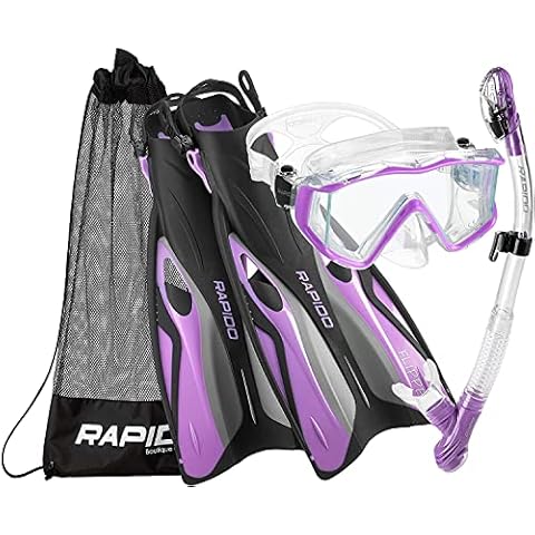 Phantom Aquatics Rapido Boutique Collection Clareza Three Window Tempered Glass Lens Mask Fin Snorkel Set with Snorkeling Gear Carry Bag, Lilac - SM, S/M, US: 6-9 / EU: 38-42, (RPDCMFS-Lilac-SM_RR) Cover