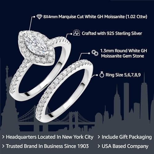 Gem Stone King 1.02 Cttw White Moissanite Wedding Engagement Ring Band Bridal Set For Women | 925 Sterling Silver | Marquise Cut 8X4MM | Available in Size 5,6,7,8,92
