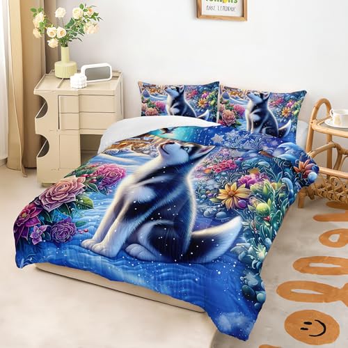 Image of AILONEN Cute Husky Dog Queen Size Comforter Set - Kawaii Puppy Animal Bedding Bet for Kids Boys Girls - Floral Snow Duvet with 2 Pillowcases - 3 Pieces