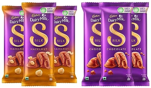 Image of Cadbury Dairy Milk Silk Chocolate Bar, 150g (Pack of 3) & Cadbury Dairy Milk Silk Hazelnut Chocolate Bar, 143 g (Pack of 3)