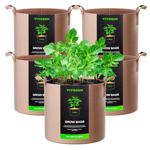 VIVOSUN 5-Pack 3 Gallons Grow Bags Heavy Duty Thickened Nonwoven Fabric Pots with Strap Handles Tan