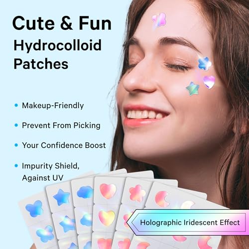 Image of Sosky Hologram Pimple Patches for Face, Hydrocolloid Acne Patches with Salicylic Acid, Cute Star Zit Stickers,Colorful Blemish Covers,48 Count Blue Cloud