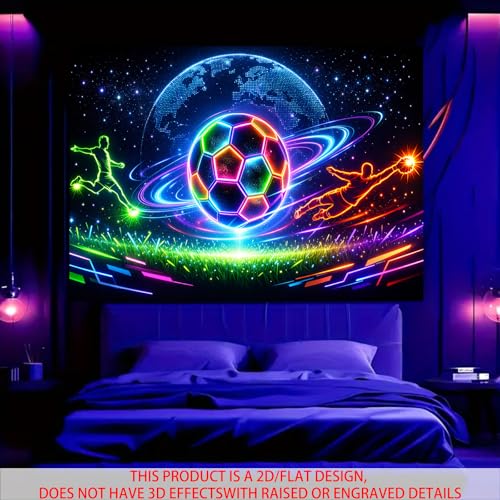 Image of Nuxovilar Neon Soccer Player Wall Tapestry Polyester 78.74x59.05 In | Glow Poster Trippy Wall Art Sports Decor UV Backdrop Bedroom Game Room Dorm Space Room (Soccer Ball Silhouette)