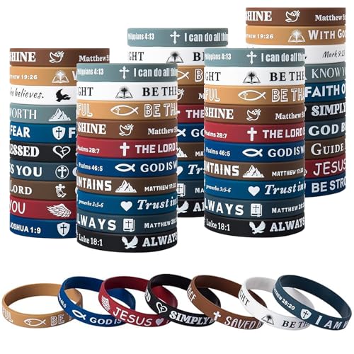 Bible Verse Bracelet, 60PCS Silicone Bulk Jesus Wristbands, Christian Colored Bracelets, Religious Rubber Bracelet, Scripture Wristbands and Jesus Bracelets for Men, Women Christian Party Favors