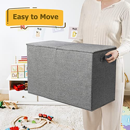 Hibobi Large Toy Box With Double Flip-Top Lid, Collapsible Sturdy Toy Chest Storage Bins With Handles, Toy Storage Organizer For Kids Boys Girls Nursery,Playroom,Bedroom, 24.5"X13"X16", Gray #TOP4