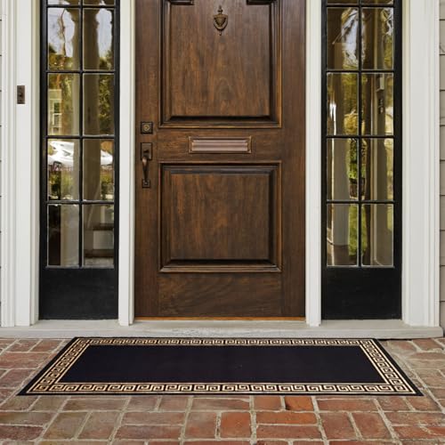 Image of Matz&More Greek Single Line Runner Mat | 50x120 CM | Black Gold | Nylon Tufted Gel Baking Anti-Slip | Doormat for Home Entrance, Kitchen & Bedroom