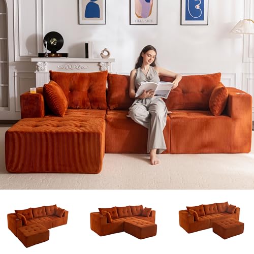 MAXYOYO Modular Sectional Sofa Couch, L Shaped Modern Cloud Couch with 1 Ottoman, Sofa in A Box, Tufted 4-Seat Boneless Sleeper Chair for Living Room, No Assembly Required, Orange