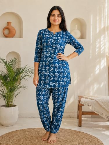 Image of Women's Cotton Night Suit Set, Printed Top and Pyjama, Casual Loungewear Sleepwear for Womens Girls