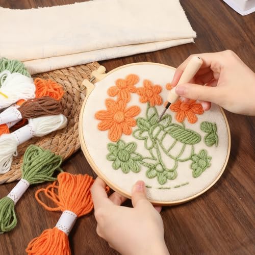 Image of 3 Pcs Punch Needle Kits, 7.87 Inch Cute Floral, Bees and Butterfly Punch Needle Kit for Adults Beginner Children Needles Punching kit with Embroidery Hoop, Instruction, Fabric, Sewing Needles, Yarns