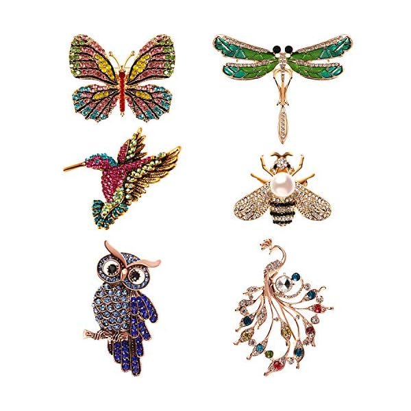 6 Pieces Women Brooch Set Crystal Pin Brooch Colorful Animal Shape Brooch Pin for Women Girls Party Favors (Dragonfly, Butterfly, Hummingbird, Owl, Peacock, Bee Design)