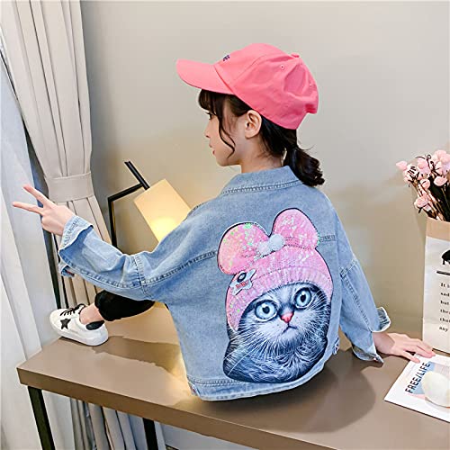 ASHER FASHION Girls Dinim Jacket Classic Sequined Cat Pattern Basic Button Down Jeans Tops Girls’ Outwear Coat (1-13Y)3