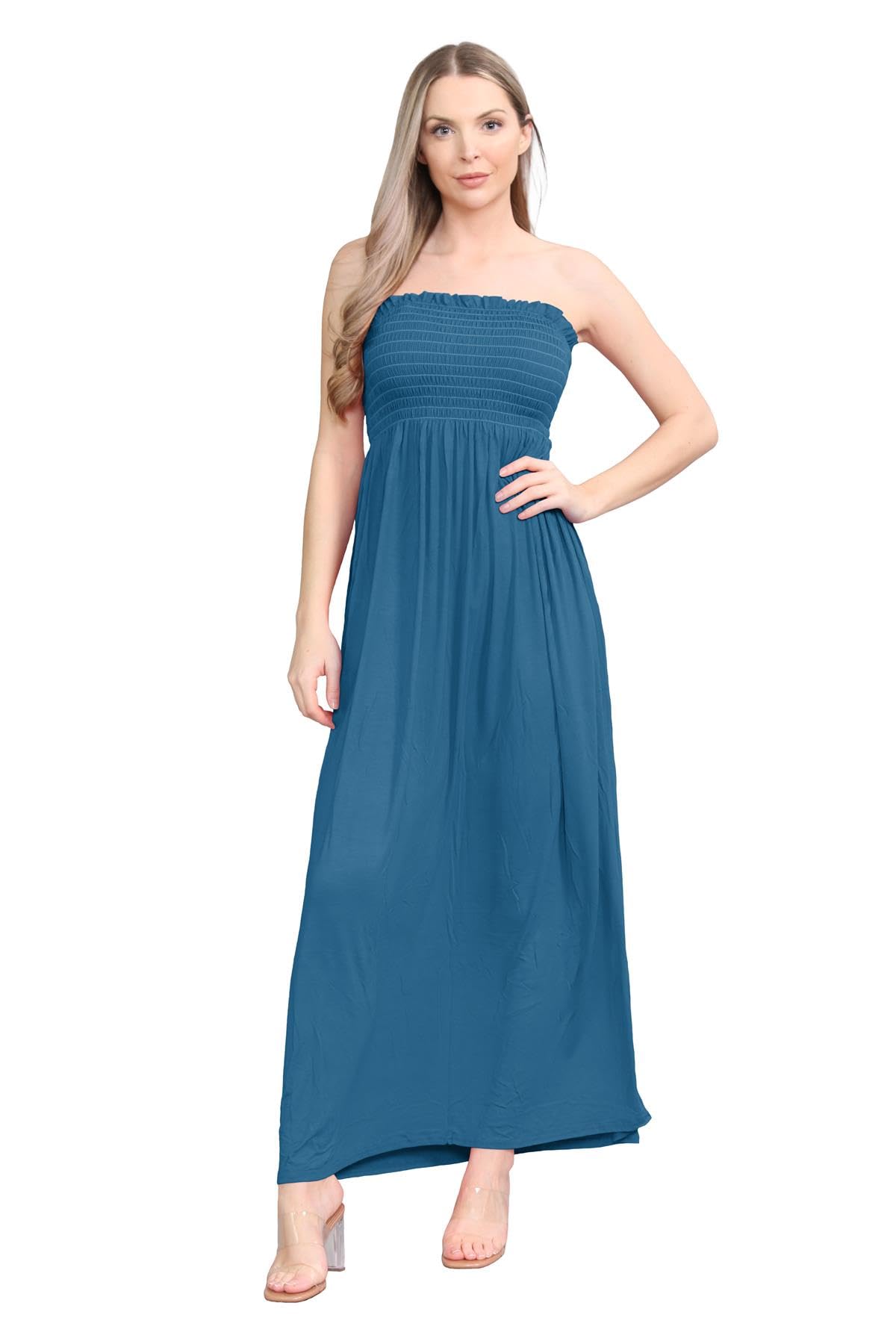 Hamishkane Women's Teal Hamishkane® Plain Maxi Dress, Bandeau Strapless Dress, Sheering Gathered Boobtube Dress, Casual Dresses Long Summer Dresses For Uk