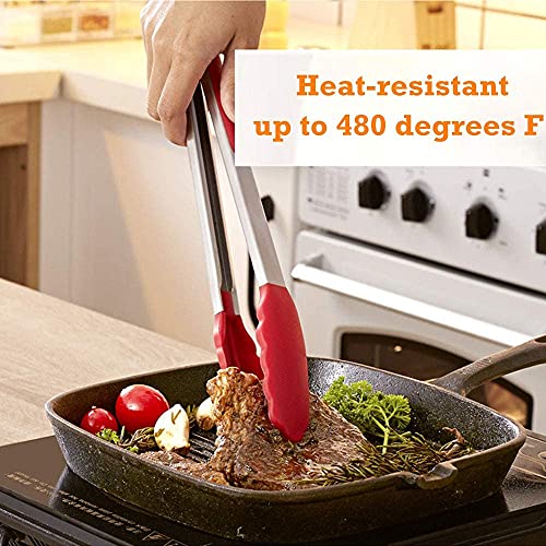 Image of Baskety Tongs Non-Stick Stainless Steel Silicone Kitchen Food Cooking Tongs with Silicone Heat Resistant Pastry Brushes (12 Inch Red with Brush)