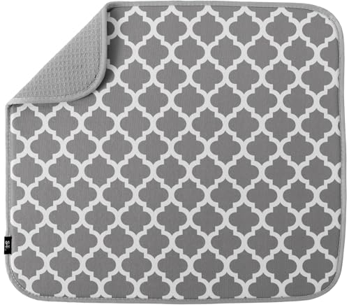 S&T INC. Dish Drying Mat, 16” x 18”, Absorbent Microfiber Kitchen Counter Mat, Dish Drying Pad for Dishes, Utensils, Pots and Pans, Large, White Trellis
