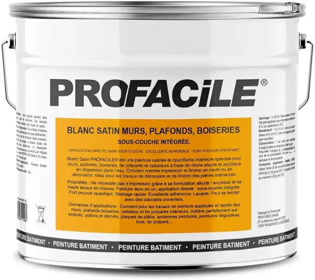 Peinture satin blanc 2 en 1 intérieur - 10L pour murs, plafonds, bois, radiateur