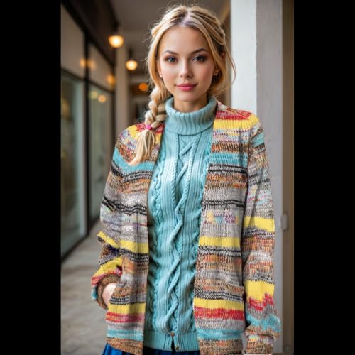 Women's Rainbow Striped Cardigan Sweater,Long Sleeve Multicolor Open Front Sweater Fall Winter Casual Outwear2