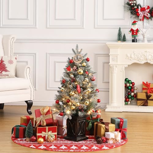 GarveeHome 3ft Small Christmas Tree 2 Set Pre-Lit Artificial Christmas Tree with 78 Led Lights, Snow Flocked Xmas Tree with Arc Brown Base, Timer Function, Battery Operated, for Home Christmas Decor