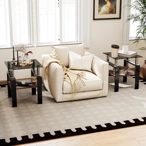Image of Meihua Glass End Table, Square Glass Side Table, 2-Tier Modern Nightstand with Metal Legs for Living Room&Bedroom (Grey+Brown, Set of 2)
