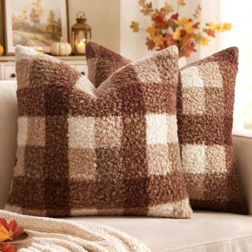 MIULEE Boucle Plaid Pillow Covers Brown White